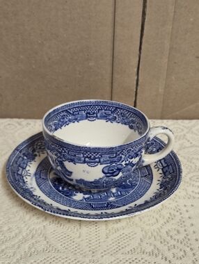 Antique Blue Willow Cup & Saucer  Burslem England